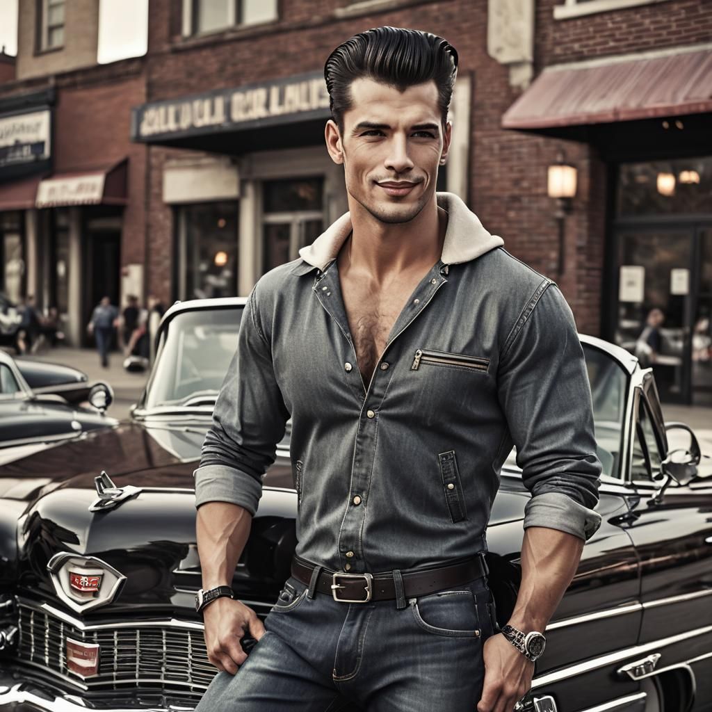 Rockabilly Man Leaning on Cadillac Convertible
