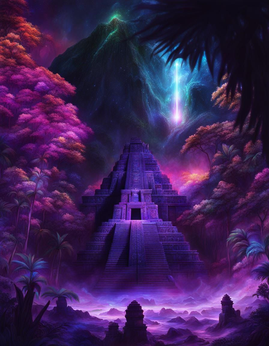 Cosmic Mayan Temple in Jungle Illustration