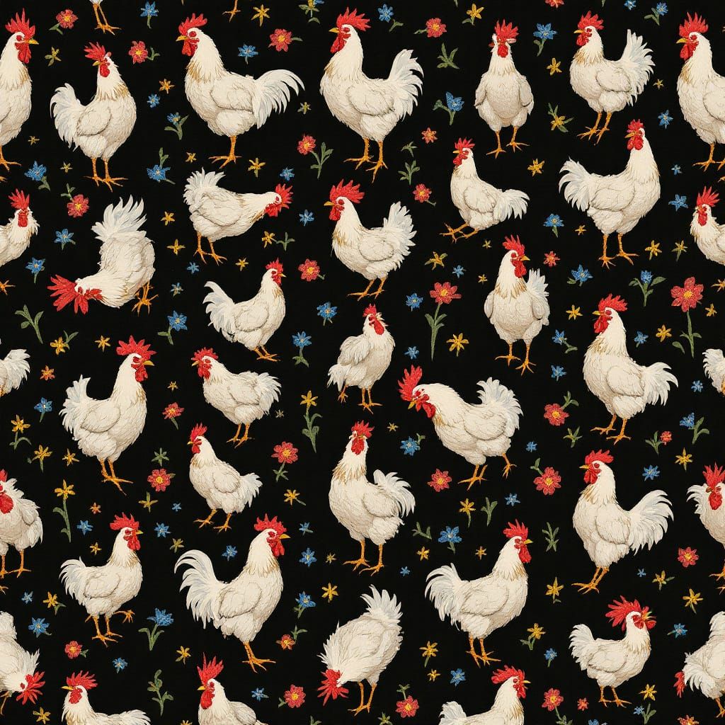 Surreal Fabric Pattern with Repeating Figures and Chickens
