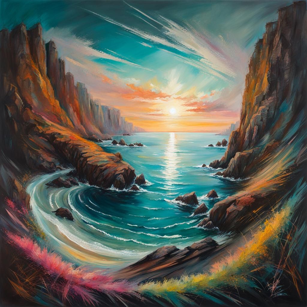 Chalk Art Seascape in Neo-Primitivism Style