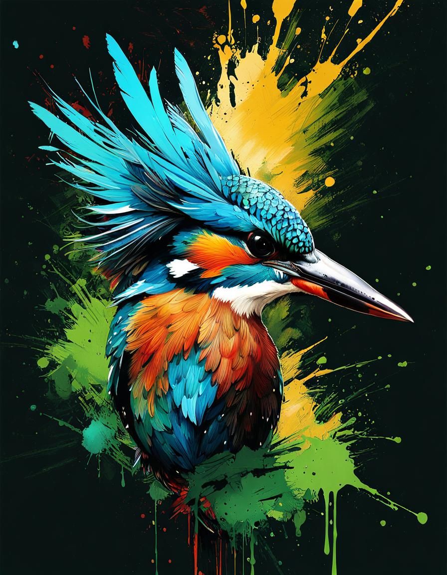 Kingfisher Ink Splatter Drawing in Artgerm Style