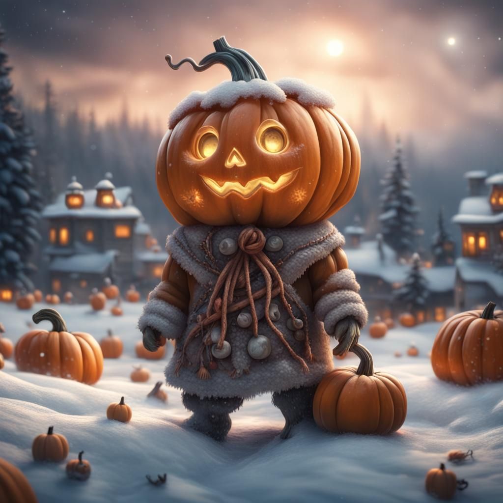 Cute Pumpkin Doll in Snowy Landscape