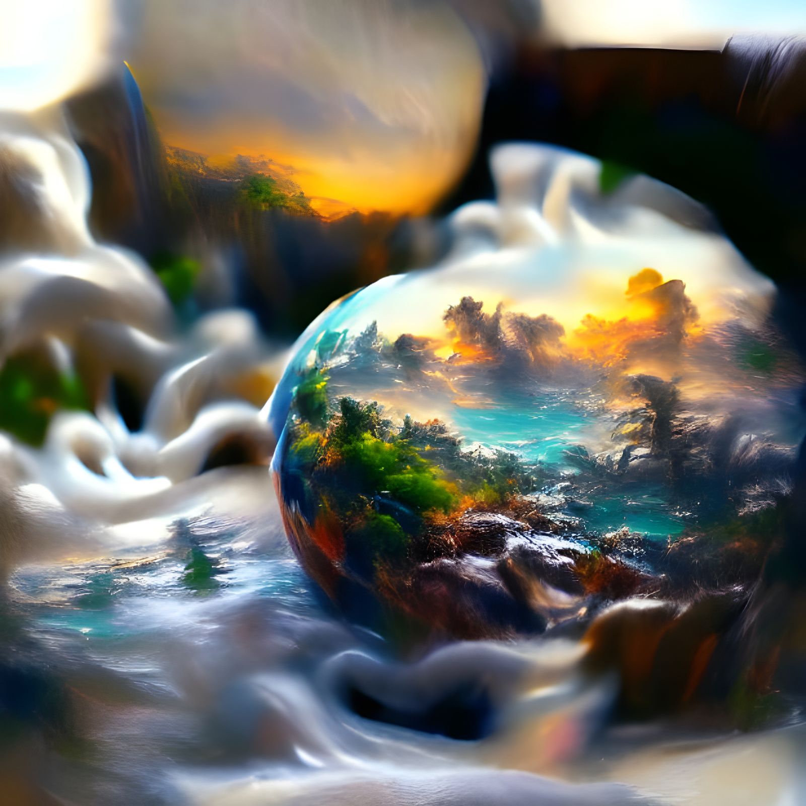 Crystal Ball Reflecting Earth and Sunset