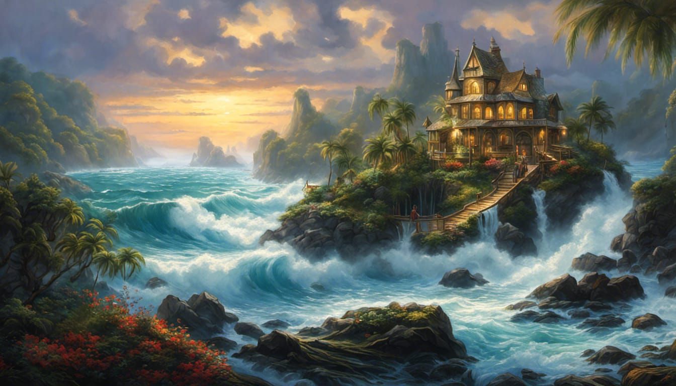 Surreal Tropical Beach with Dark Waterfalls