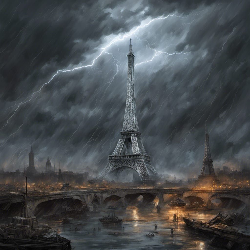 Alien Spaceship Crash at Eiffel Tower in Gothic Horror Style