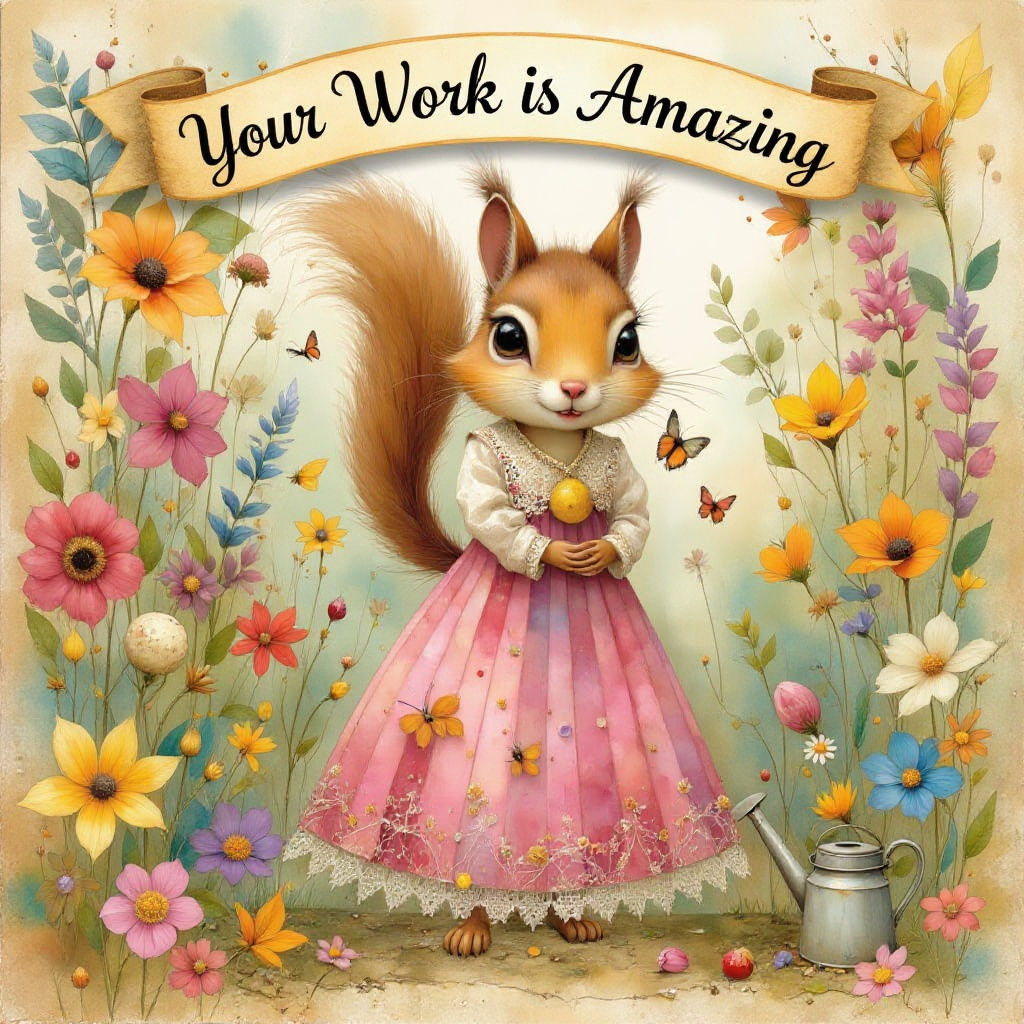 Squirrel in Pink Lace Dress in Flower Garden