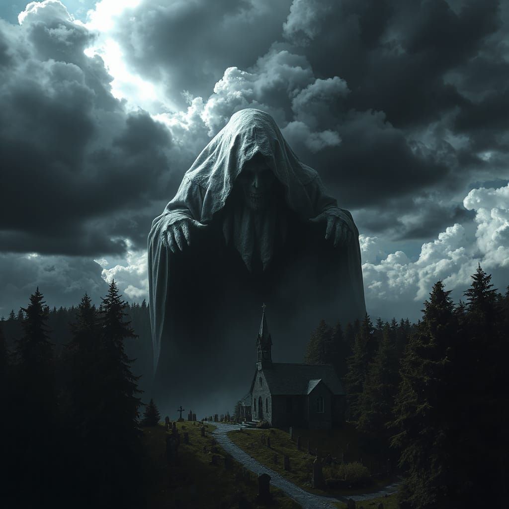 Colossal Grim Reaper Cloud Formation Over Forest Graveyard