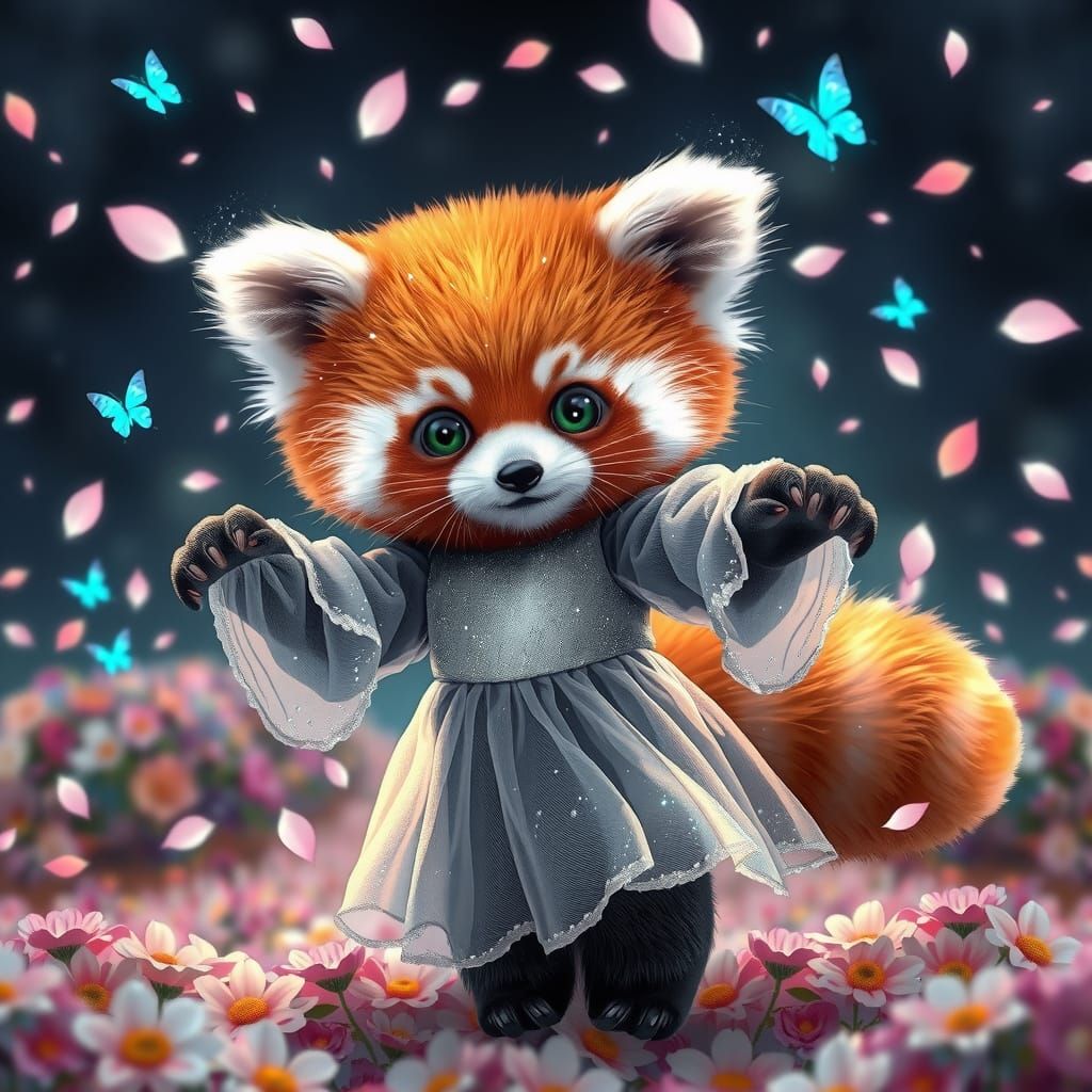Adorable Red Panda Dances in Silver Dress Amidst Petals