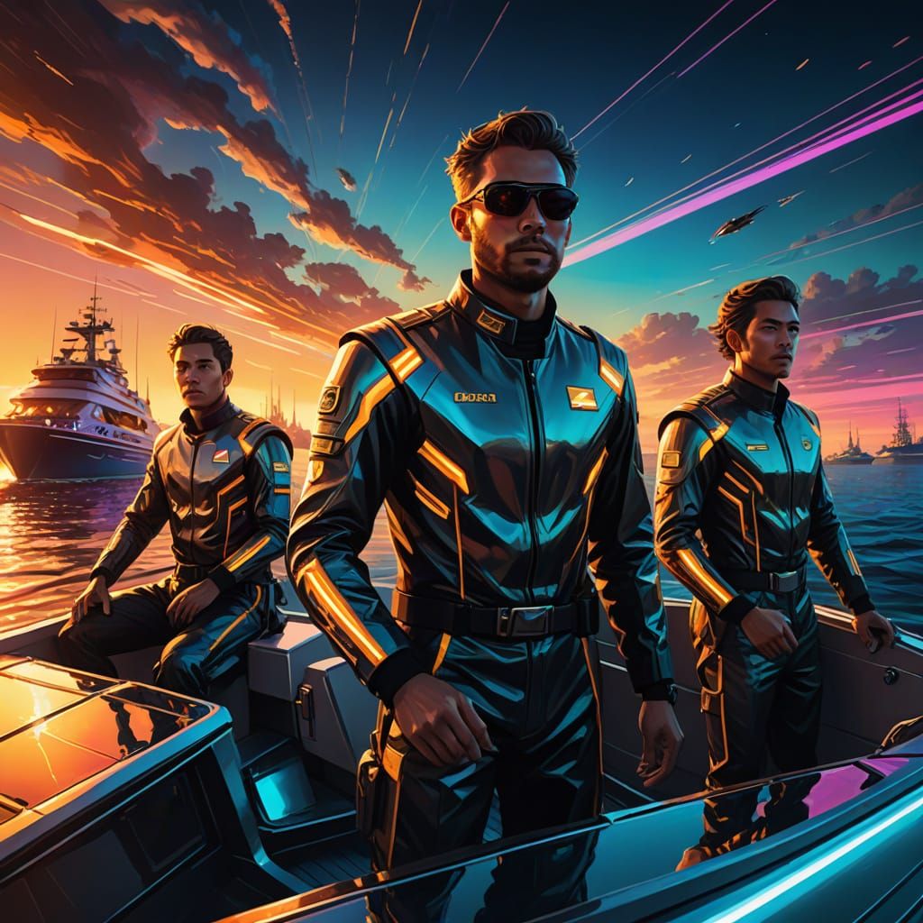 Futuristic Crew on a Boat at Sunset