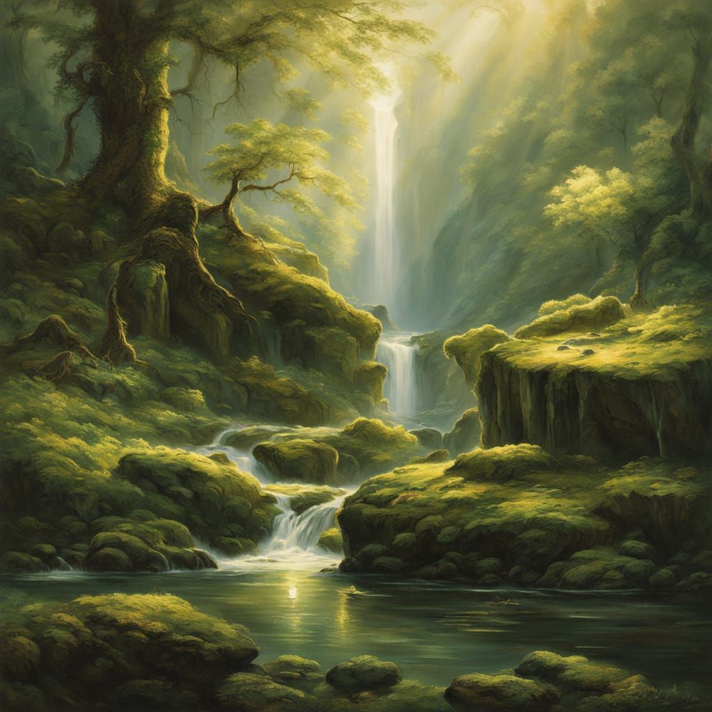 Majestic Waterfall in Ancient Forest: Romantic Landscape Pai...