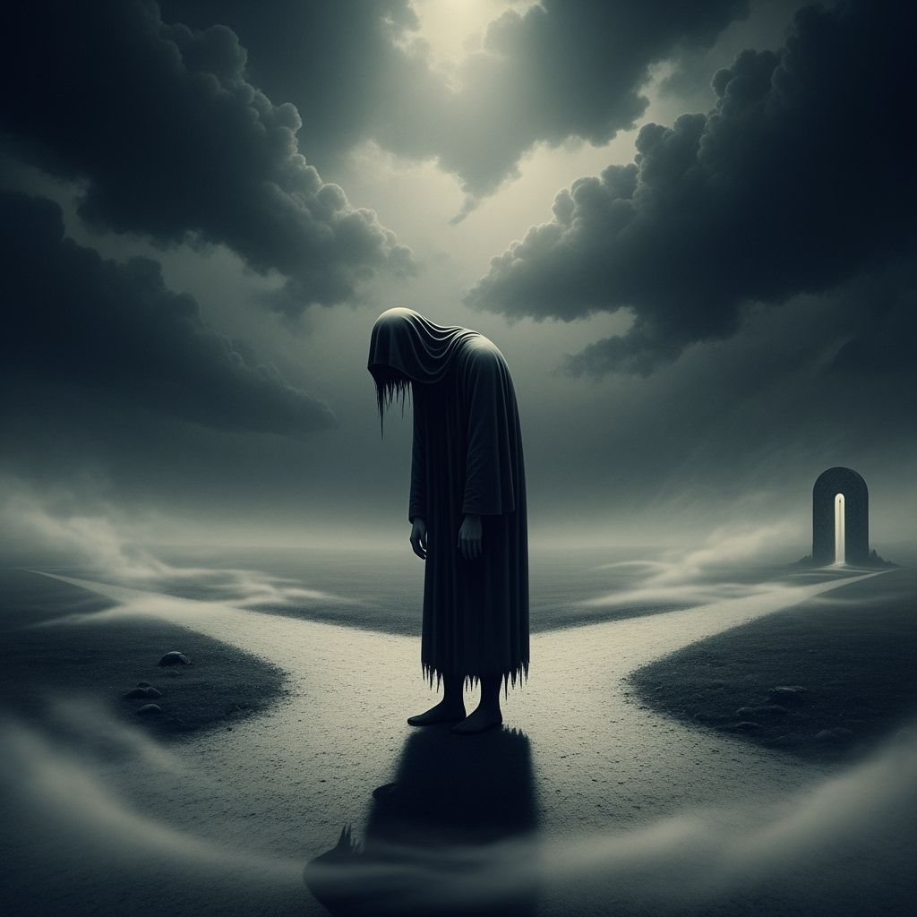 Figure of Remorse at Crossroads Under Stormy Sky