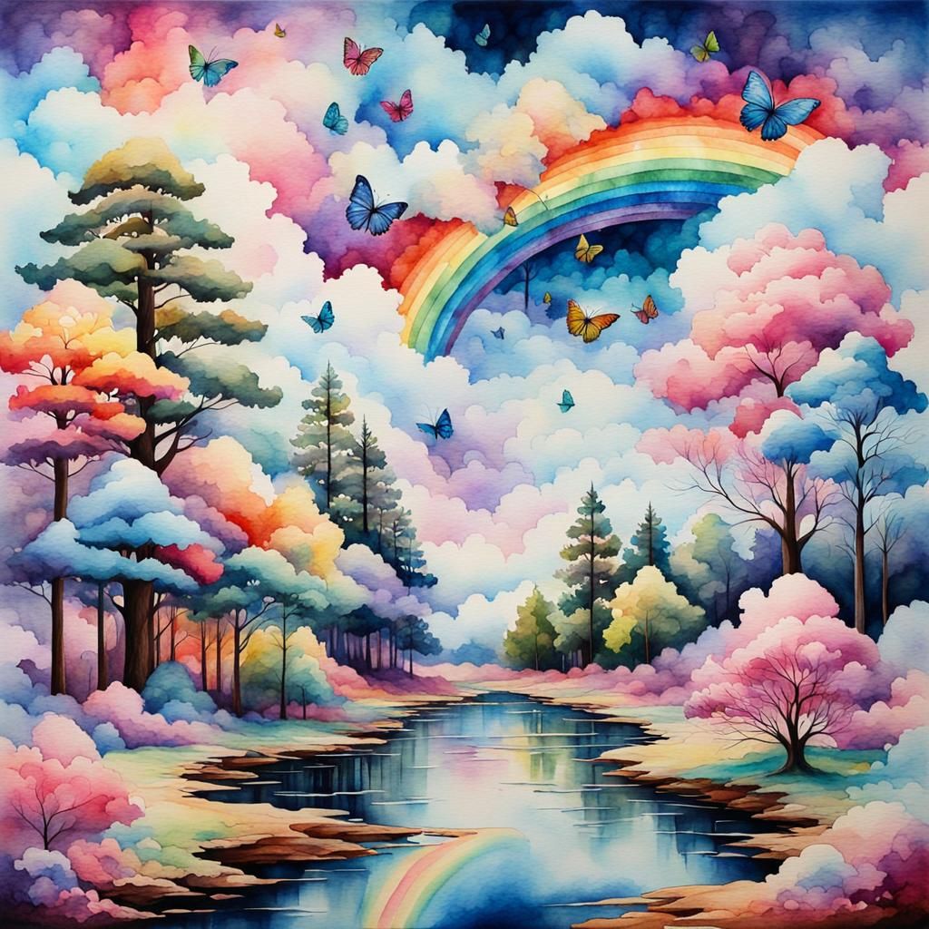 Watercolor Landscape with Fractal Clouds and Rainbow Butterf...
