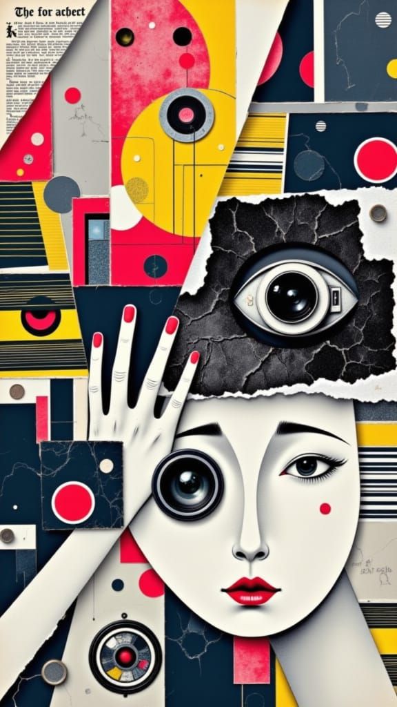 Woman with Vintage Camera Face in Dada Collage Style