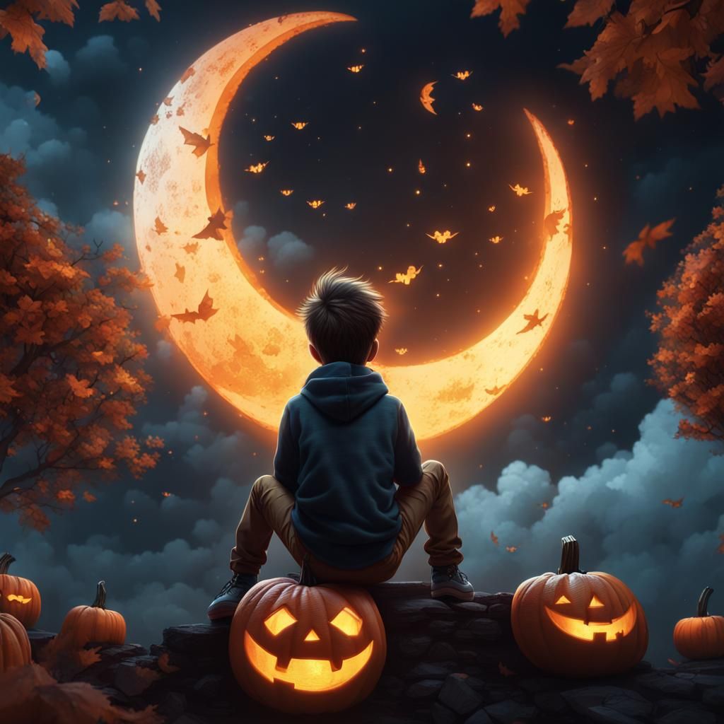Jack-o'-Lanterns Fly Under the Moon: Fantasy Concept Art