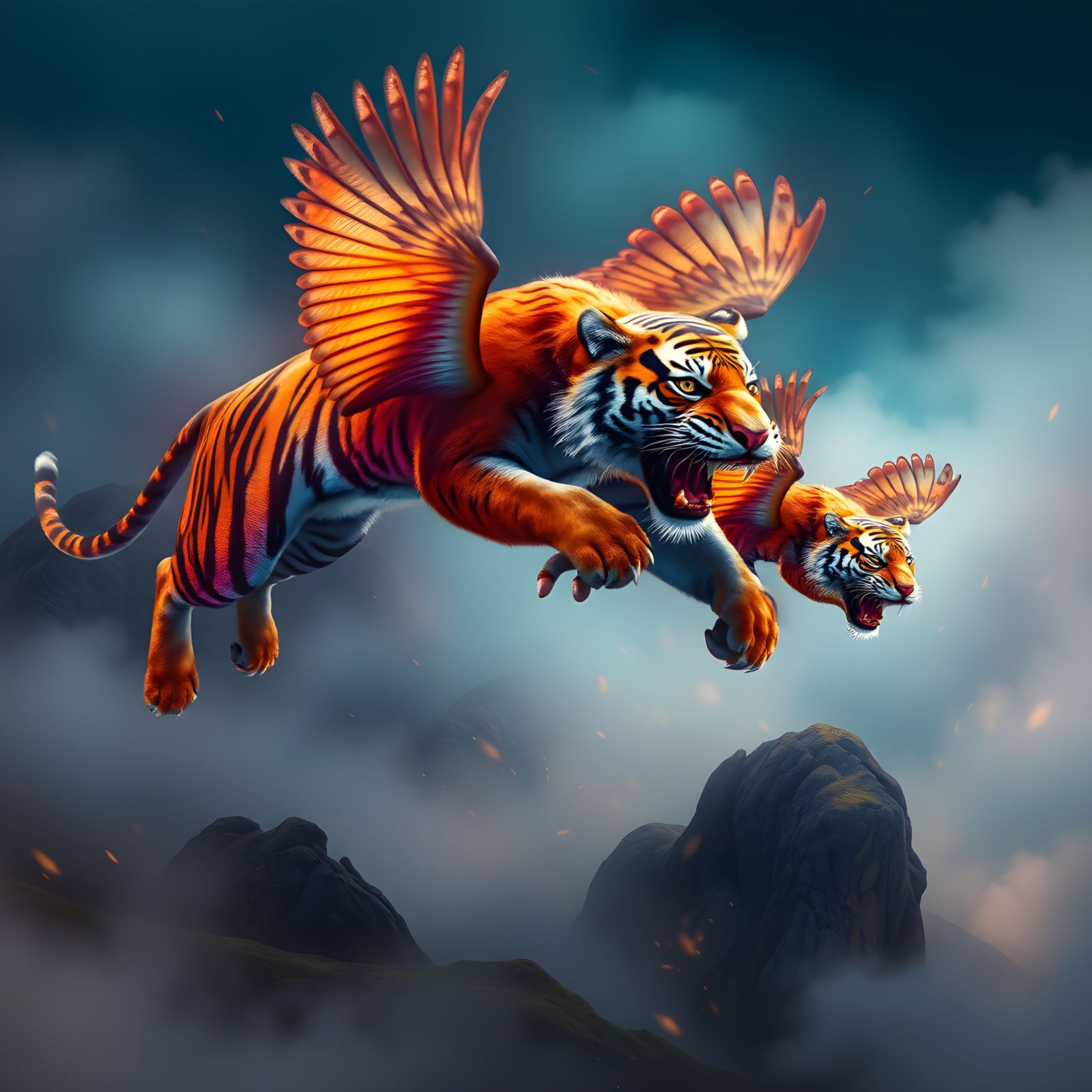 Detailed Painting of Flying Tigers in Deep Color