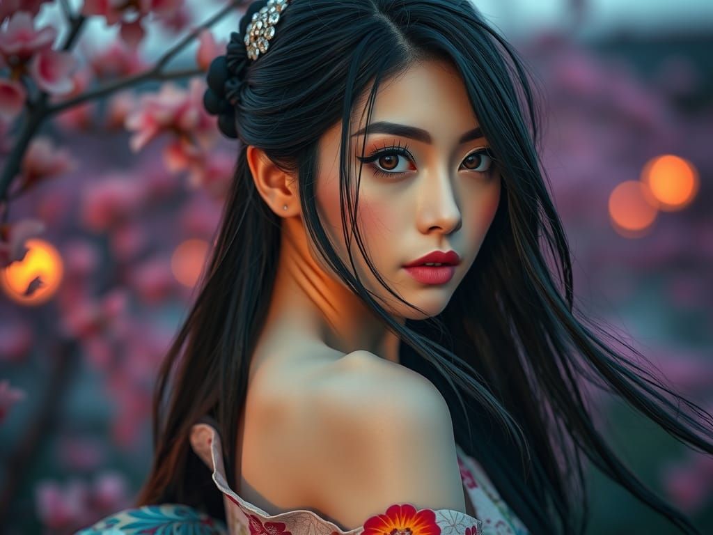 Japanese Woman in Kimono, Hyper-Realistic Concept Art