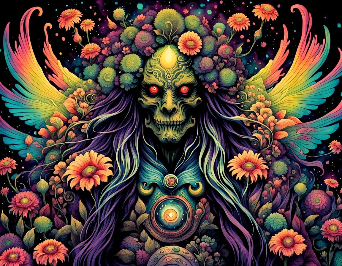 Bioluminescent Monster Portrait in Psychedelic Ink Artwork