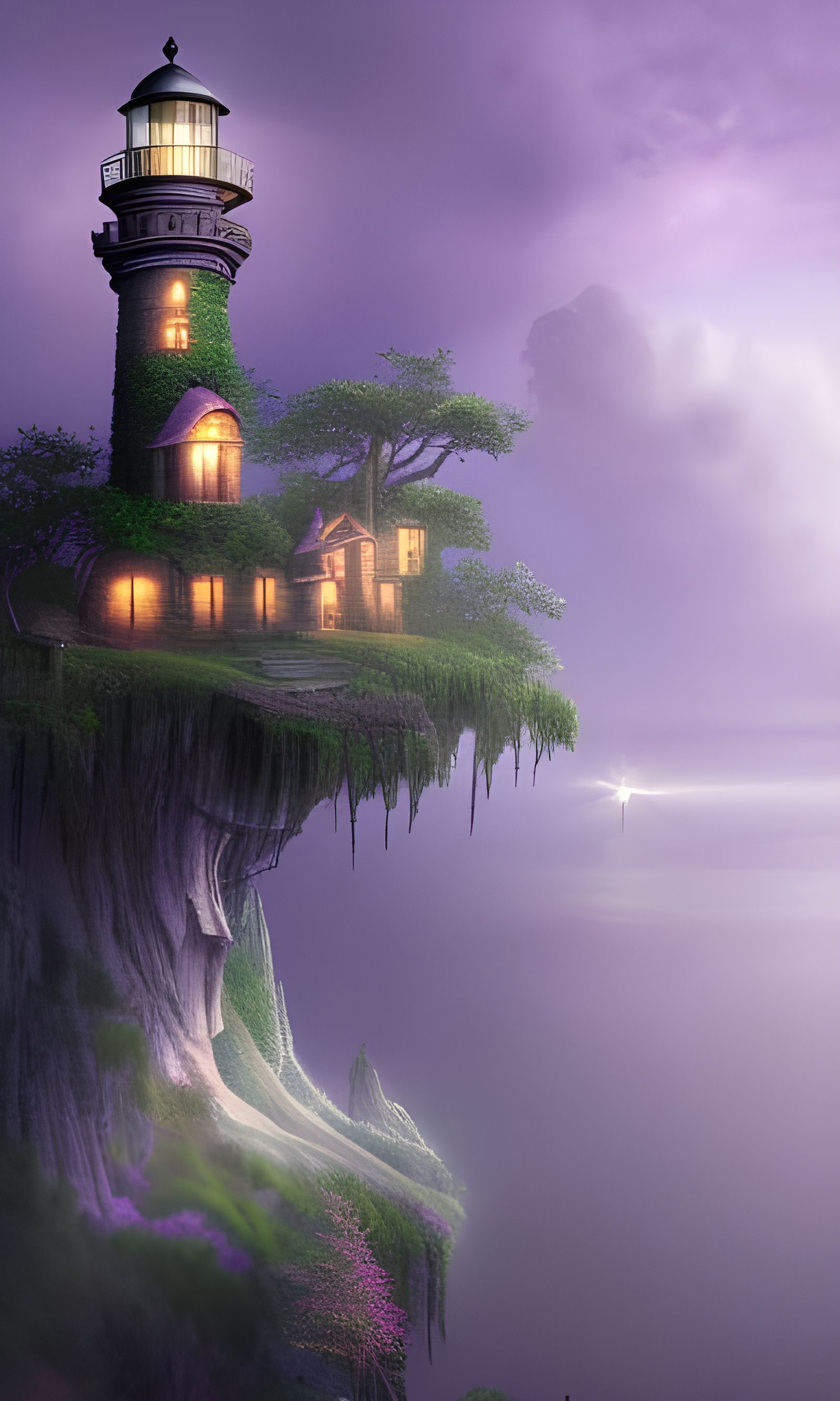 Midnight purple treehouse lighthouse meticulously detailed on a cliff side