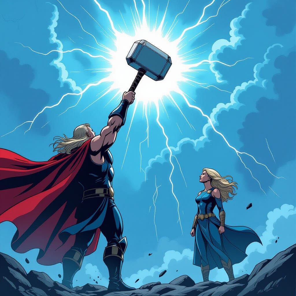 Thor and Jane Foster with Mjolnir in Dramatic Cosmic Scene