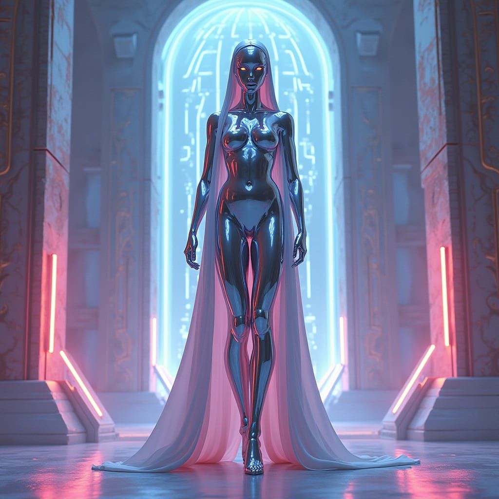 A chrome android goddess with mirror eyes stands in a futuri...