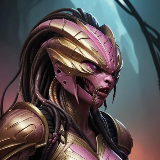 Female Predator in Pink and Gold Armor, Hyperrealistic Art