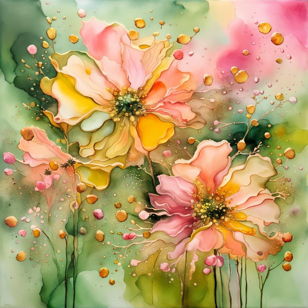Abstract Alcohol Ink Sage Green Pink Yellow Splatter Wash, Golden Sunrays,  a cluster of 3d Pale Coral with a Light Rosy...