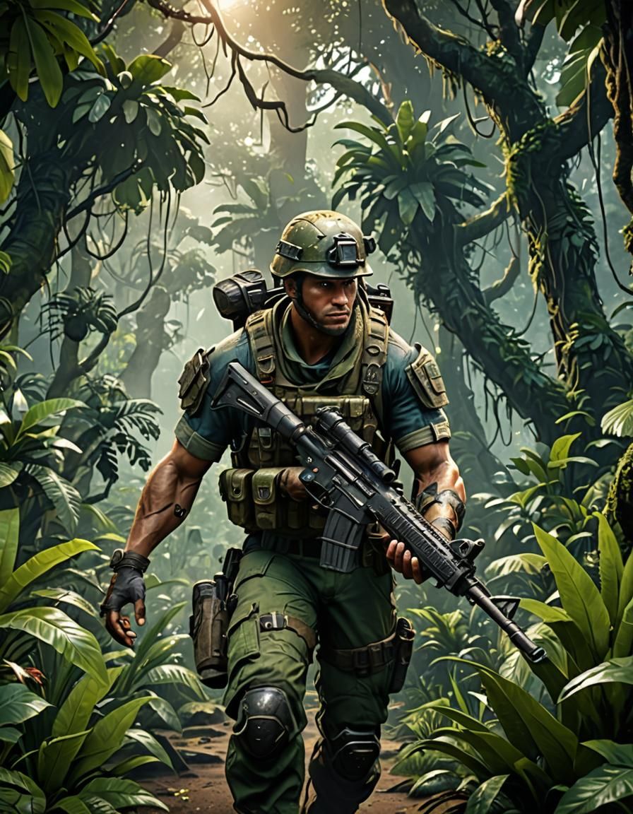 Jungle Soldier in 3D Game Cinematic Style