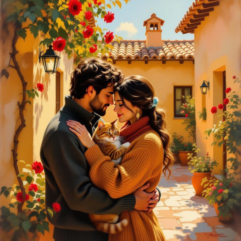 Intimate Couple Embracing in Sunlit Courtyard Oil Painting