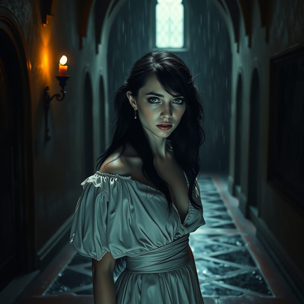 Enigmatic Woman at Castle Entrance in Hyperrealistic Style