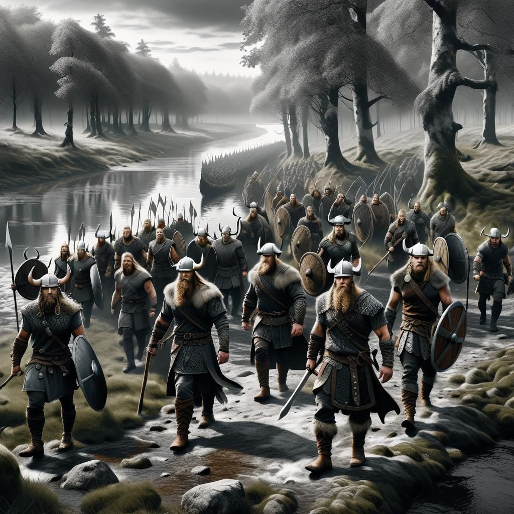 Viking Warriors in Forest: Fantasy Art in Black and White