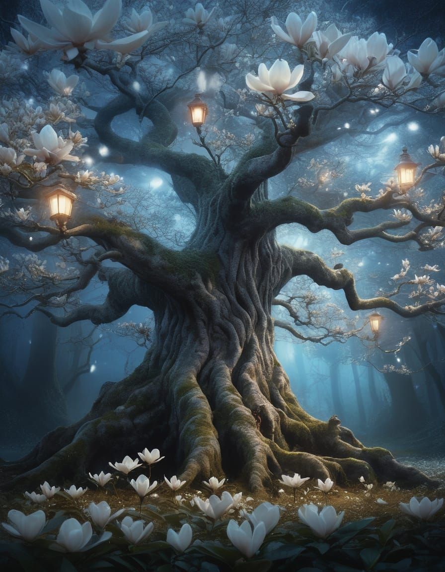 Ethereal Magnolia Tree in Whimsical Fantasy Realism Style