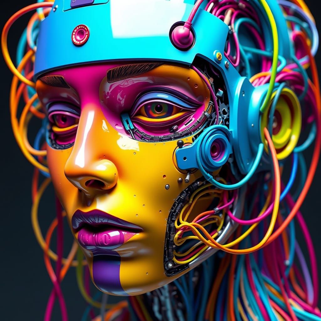Surreal Cyber Sculpture of a Half-Human Machine Face