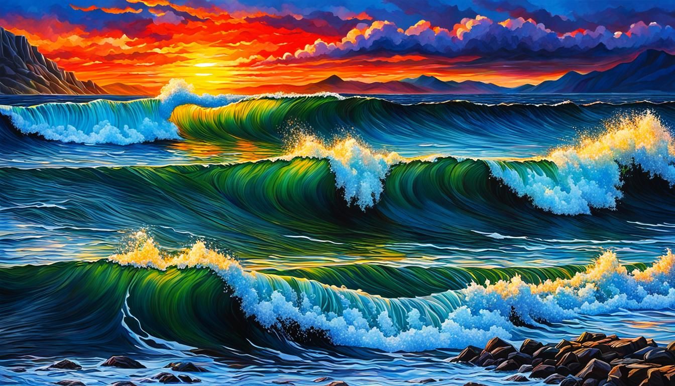 Colorful Sunset Over Mountainous Seascape in Photorealism