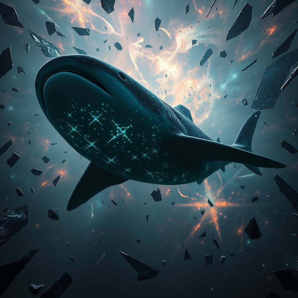Whale Shark in Cosmic Nebula with Bioluminescent Runes