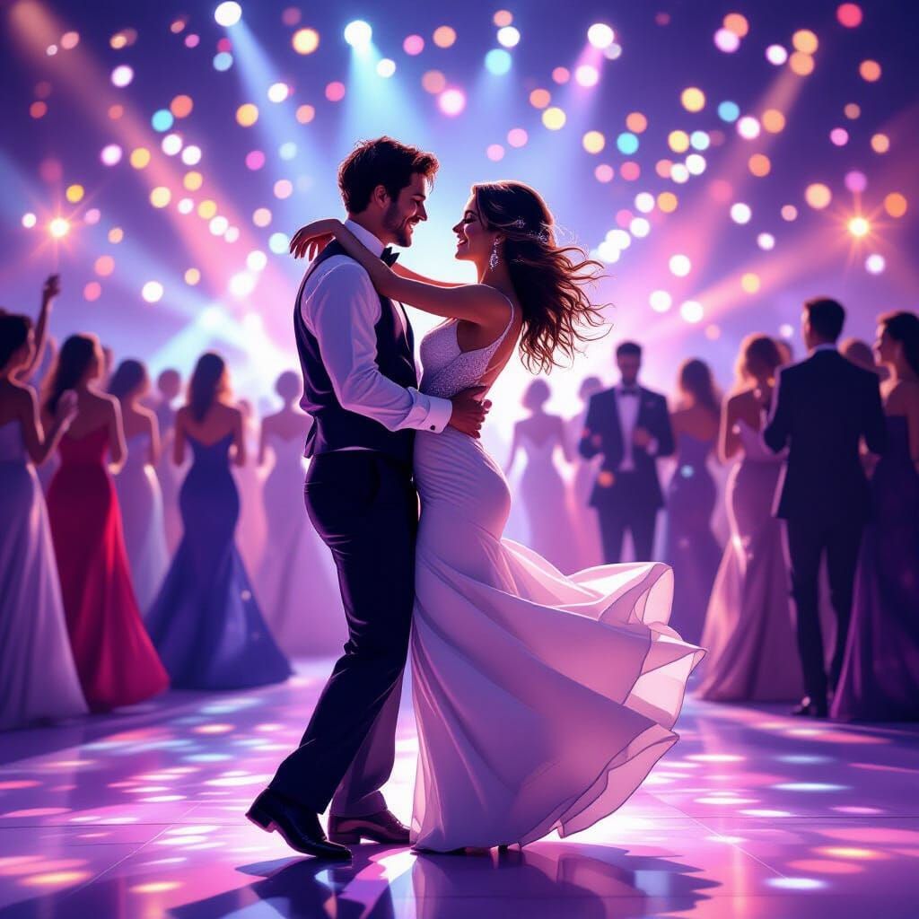 Joyful Prom Dance Under Disco and Fairy Lights