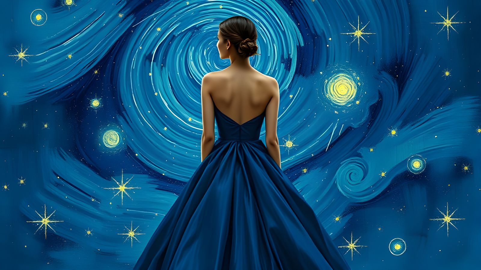 Woman Gazing at Starry Night in Van Gogh Style