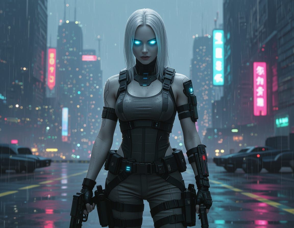 Cyberpunk Female Warrior on Rain-Soaked Landing Pad