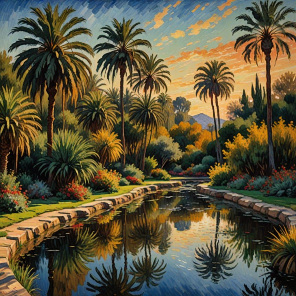 Impressionist Desert Oasis at Midnight