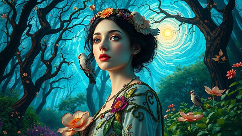 Porcelain Woman in Enchanted Forest, Klimt-inspired Art