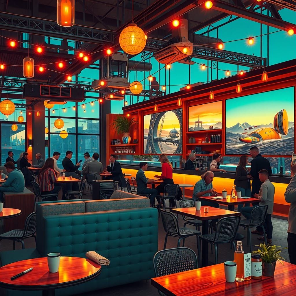 AI Art Exhibit in a Lively Coffee Shop at Dusk