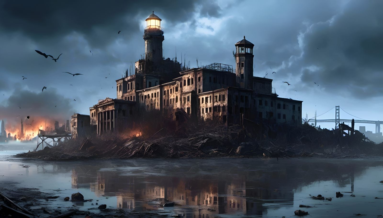 Burning Skyscrapers Engulfed in Smoke