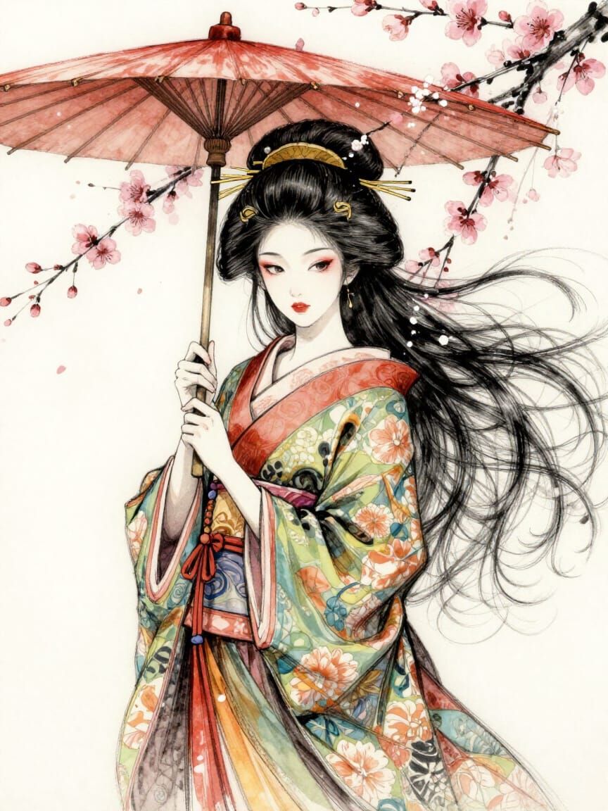 Stylized Geisha with Umbrella and Cherry Blossoms