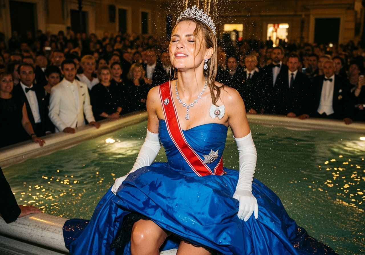 Duchess in Gown Showers in Trevi Fountain