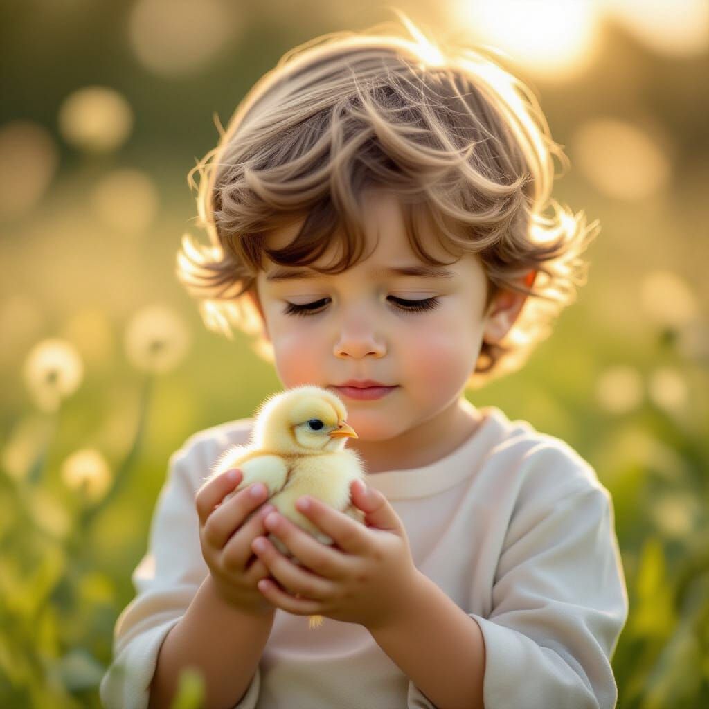 Boy Gently Holds Crying Chick in Sun-Drenched Meadow