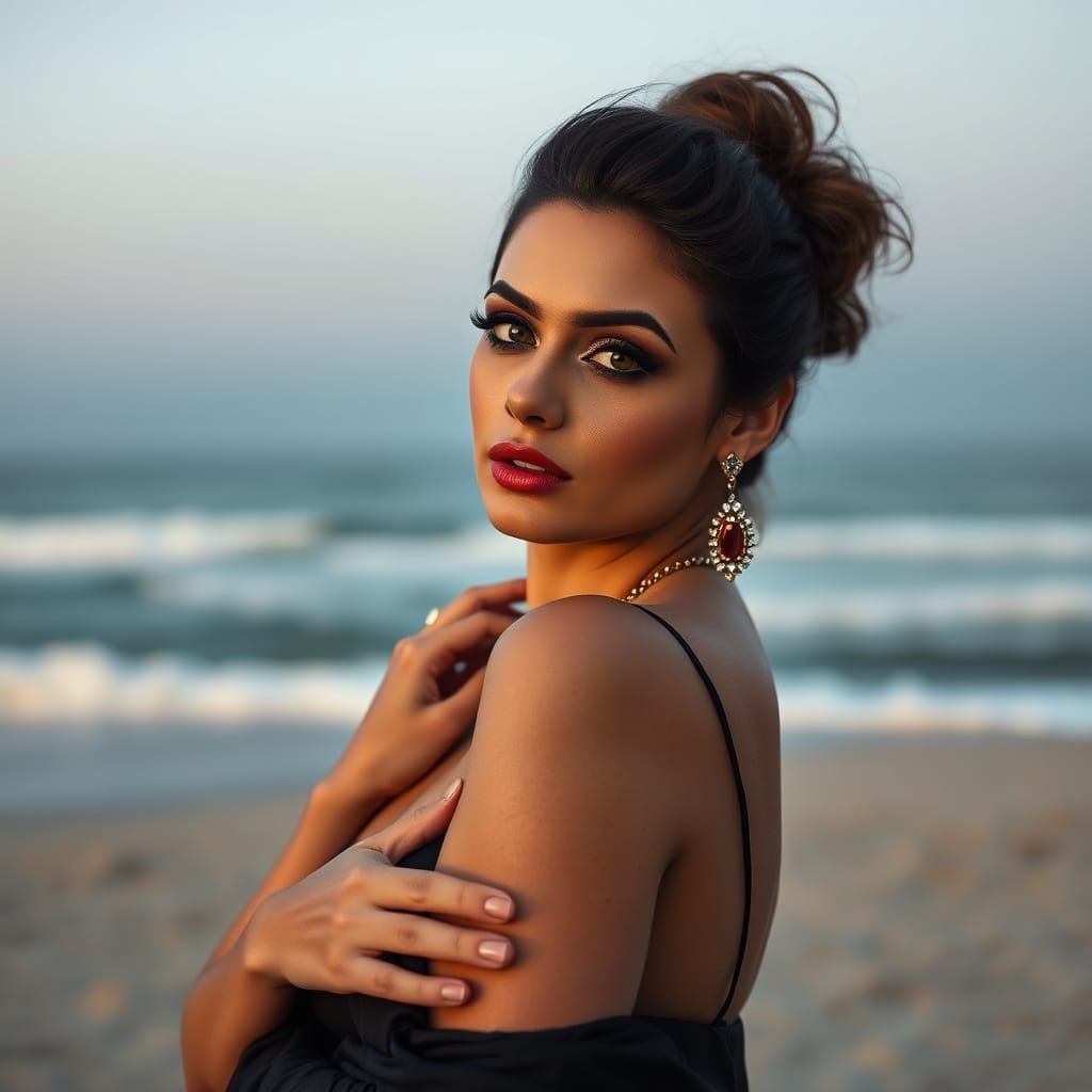Seductive Woman Posing on Beach in Fine Art Style