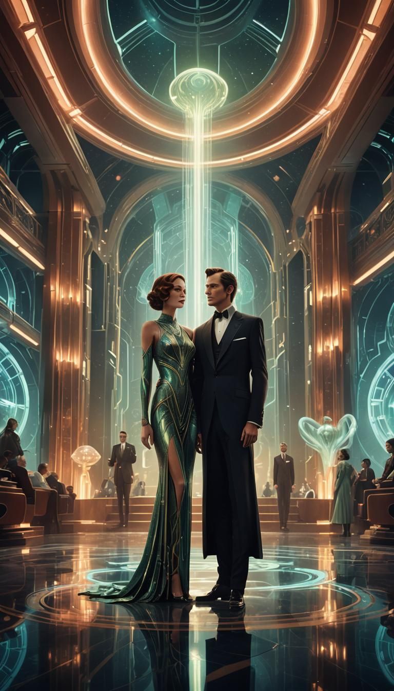 Cosmic Welcome: Galactic Senate Meeting in Art Deco Style