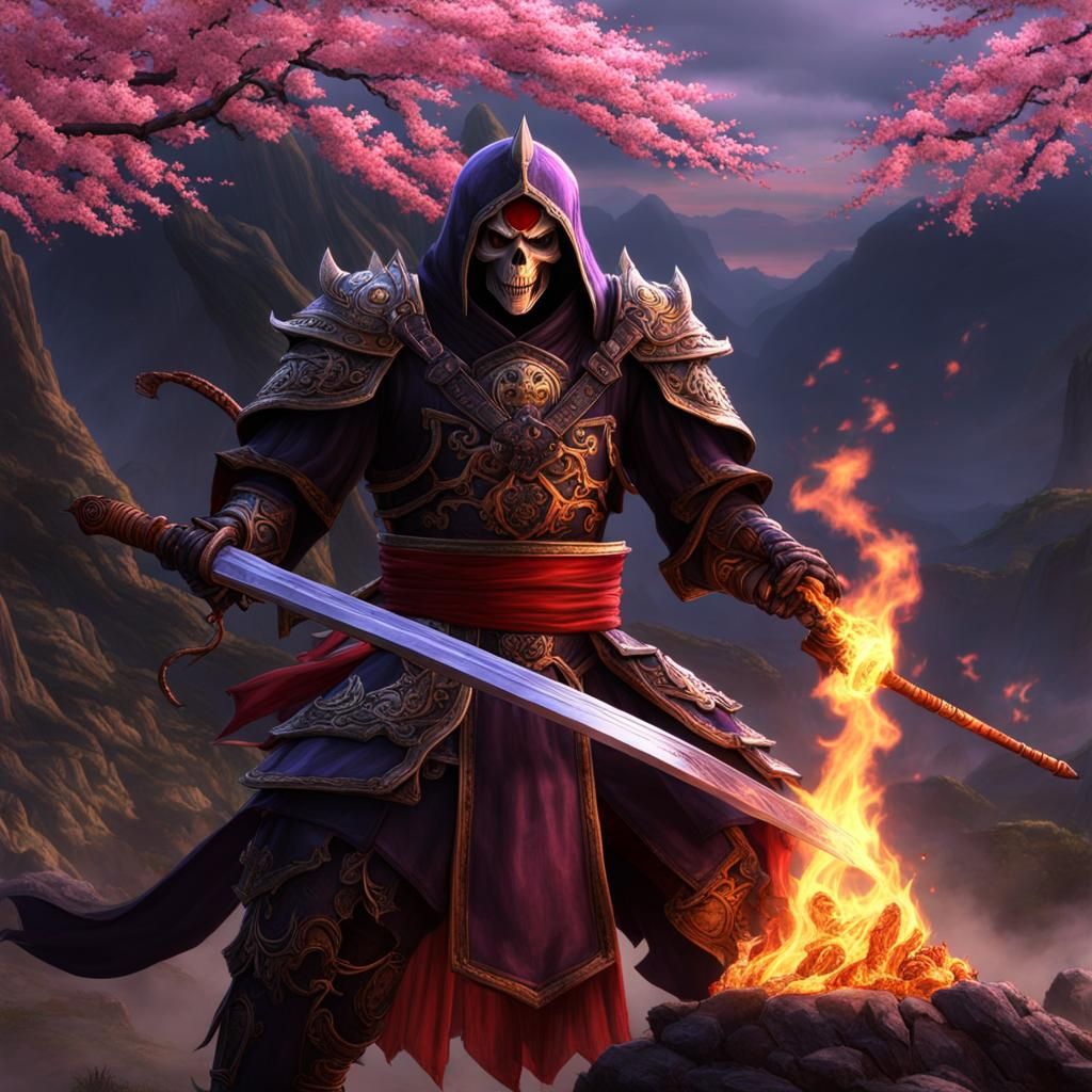 Dark Fantasy Samurai Ninja with Dragons and Fire