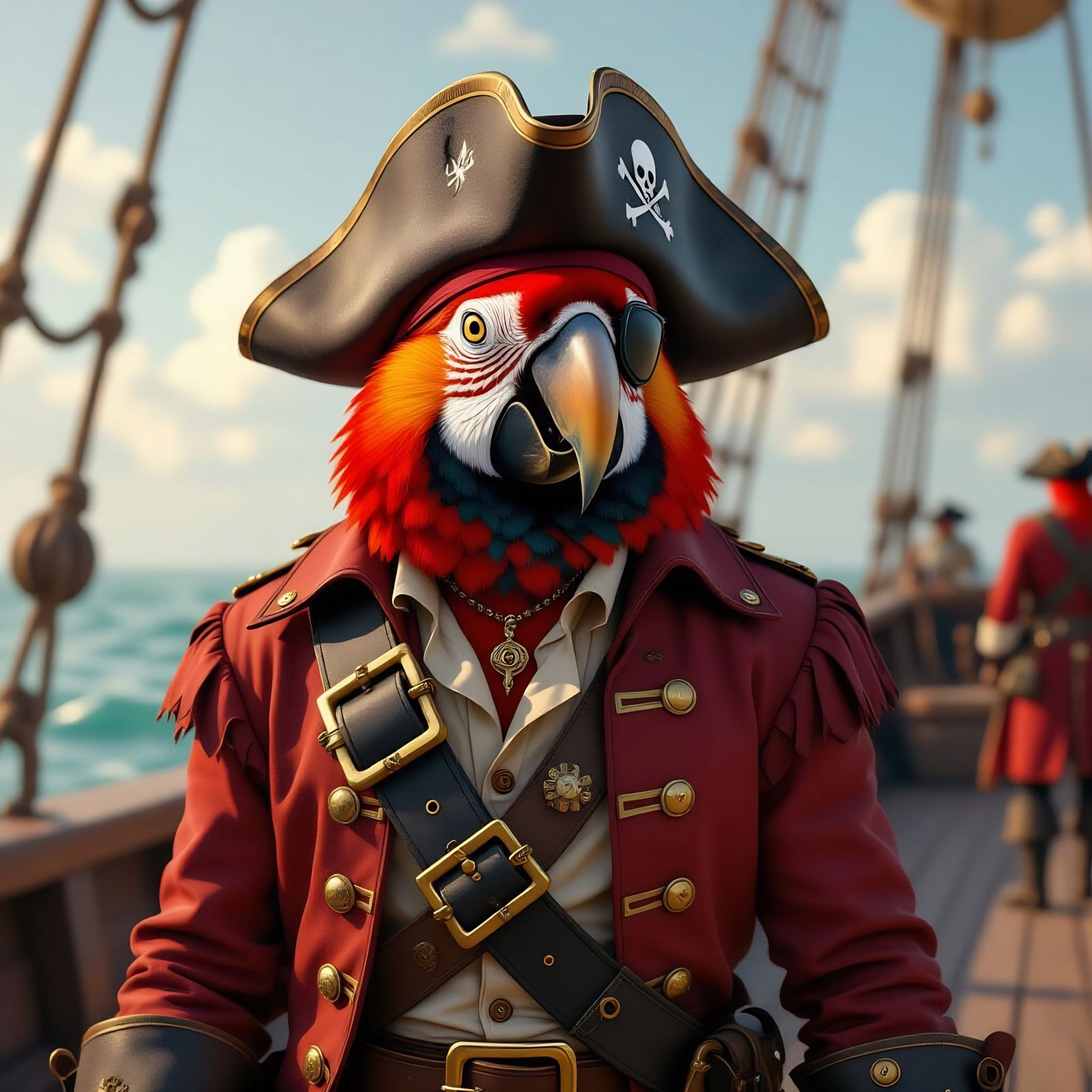 A Scarlet Macaw captain, a weathered tricorne hat perched ja...