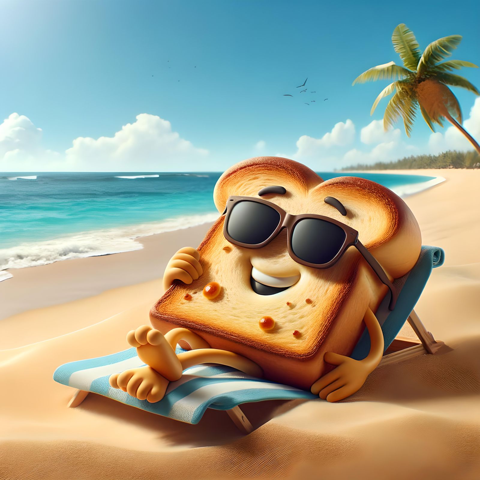 Anthropomorphic Bread Loaf Lounging on a Beach