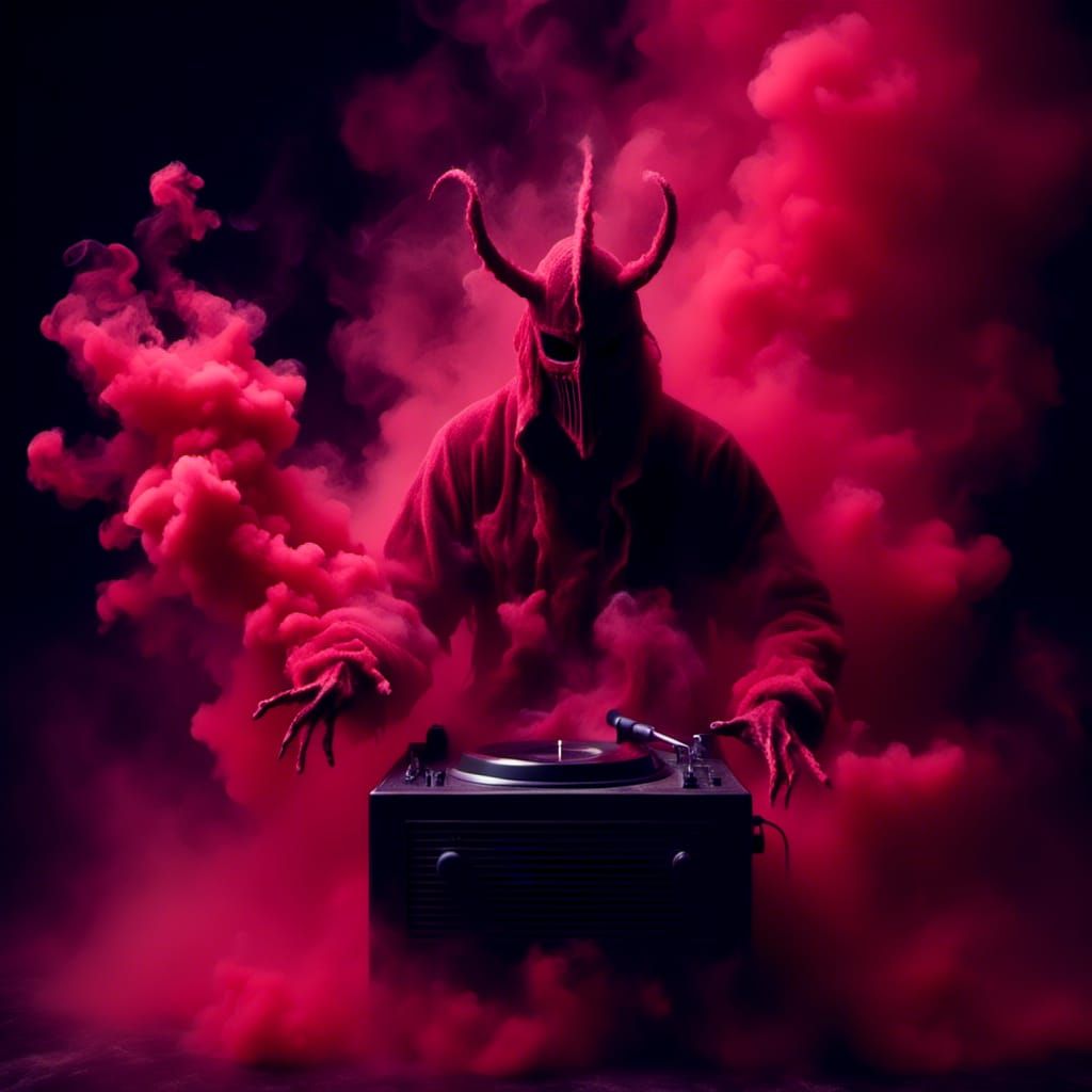 Demonic Figure Emerges from Smoke Near Record Player